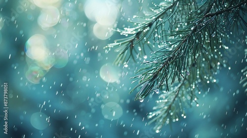 Close-up of wet pine tree branch, soft blue blur background, rain drops, calming and vibrant composition.
