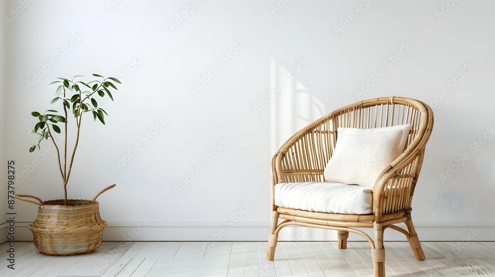 rattan chair in a minimalist home room, rattan chair with soft pillows in the corner of the room, white walled room rattan chair in a minimalist home room, rattan chair with soft pillows in the corner of the room, white walled room