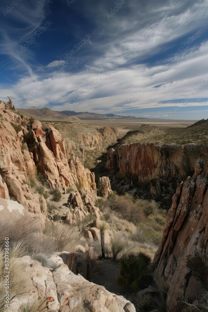 Obraz premium A wide-angle view of a desert canyon with unique rock formations and sparse vegetation, Generative AI