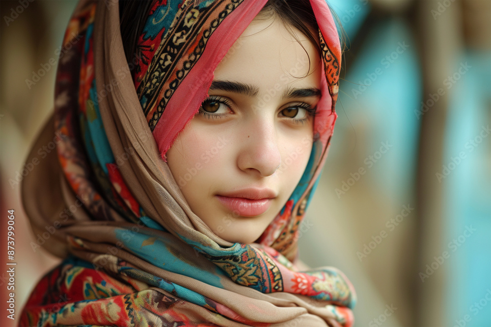 Portrait of charming young Muslim girl looking at camera, Young Islamic girl close up photograph isolated in copy space blurry background, sharp looking beautiful innocent Muslim lady wearing hijab Portrait of charming young Muslim girl looking at camera, Young Islamic girl close up photograph isolated in copy space blurry background, sharp looking beautiful innocent Muslim lady wearing hijab