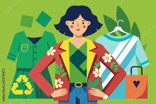 A woman is standing in front of a variety of clothing items.  A woman tries on different clothes like outerwear, sleeves, and tshirts, standing in front of them. 