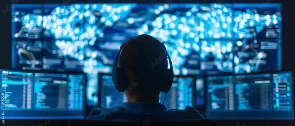 Hacker Working on Computer with World Map in Background. Hacker Working on Computer with World Map in Background.