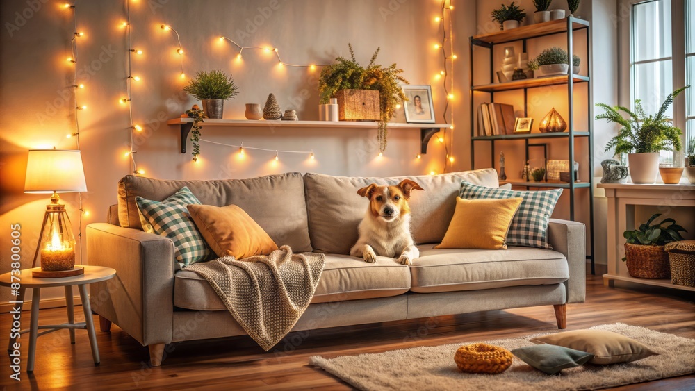 Cozy sofa in a living room with a cute dog lying on a scattered cushion, surrounded by soft pillows. Cozy sofa in a living room with a cute dog lying on a scattered cushion, surrounded by soft pillows.