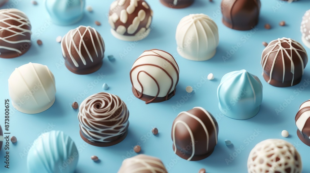Close-up of assorted chocolates and marshmallows on a blue background. Close-up of assorted chocolates and marshmallows on a blue background.