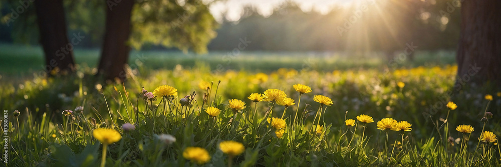 Obraz premium Beautiful spring natural background. Landscape with young lush green grass with blooming dandelions against the background of trees in the garden. 
