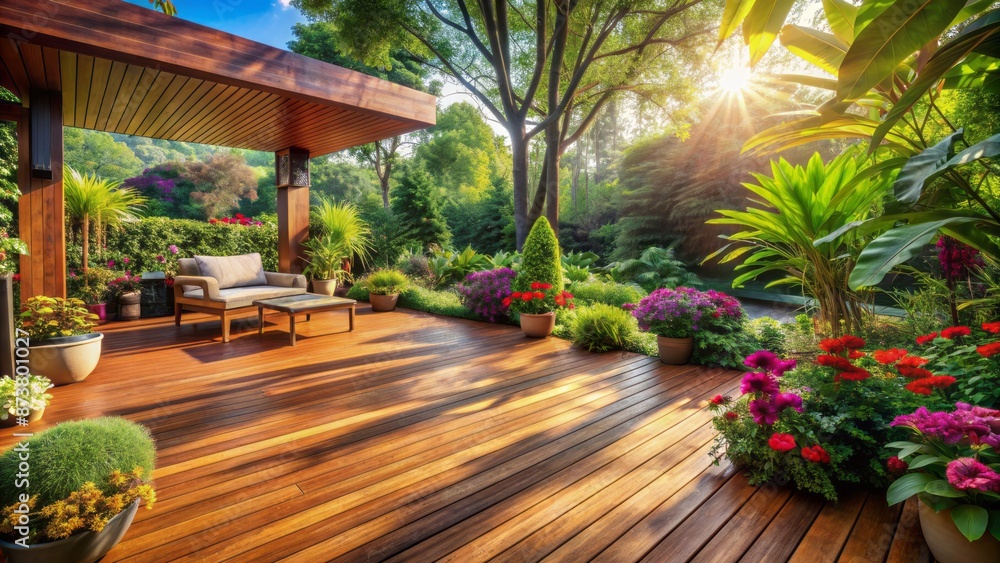 Warm and inviting sunny terrace with rich wood teck flooring surrounded by lush green plants and vibrant colorful flowers outdoors. Warm and inviting sunny terrace with rich wood teck flooring surrounded by lush green plants and vibrant colorful flowers outdoors.