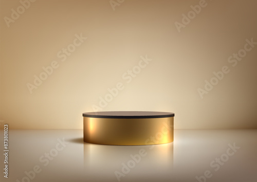 Luxury 3D Gold Podium with Black Top on Beige Background, Perfect for Product Display, Mockup