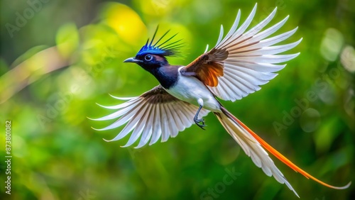 A majestic male Japanese paradise flycatcher in mid-air, its striking black and white plumage spread wide, against a blurred green background.