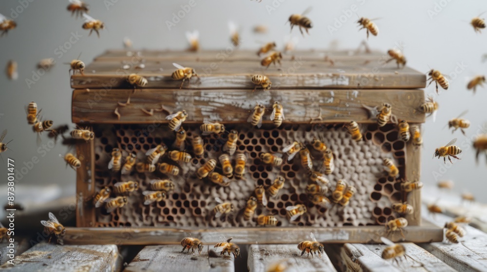 Swarming Bees Around Wooden Beehive with Honeycombs in Rustic Setting Swarming Bees Around Wooden Beehive with Honeycombs in Rustic Setting