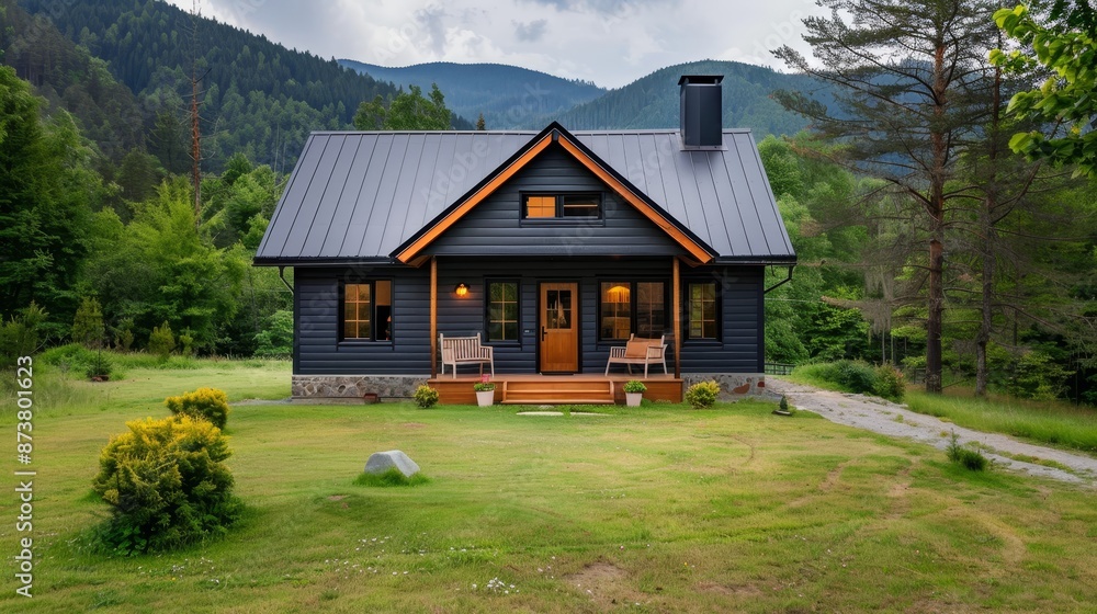 Fototapeta premium Charming dwelling surrounded by nature, rustic design elements, wooden exterior, peaceful shelter offering a sense of tranquility and home