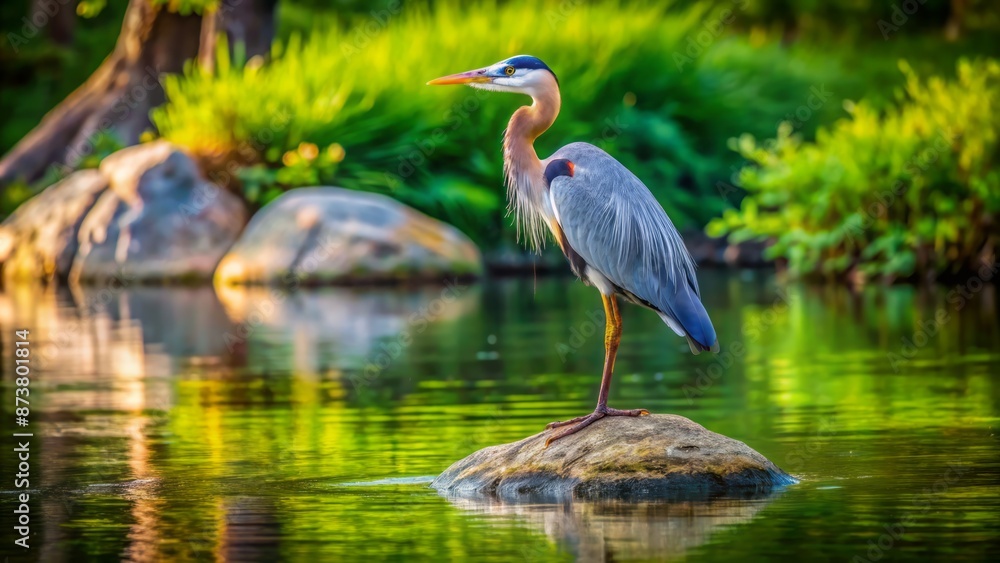 Naklejka premium Serenely majestic great blue heron stands alone on a weathered rock amidst calm rippling waters and lush green surroundings.