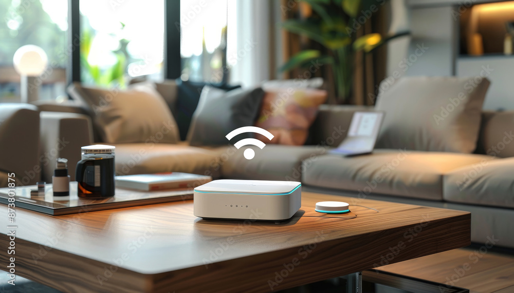 Centralized Control: Smart Home Hub Managing Lights, Thermostat, and Security Systems on Coffee Table Centralized Control: Smart Home Hub Managing Lights, Thermostat, and Security Systems on Coffee Table