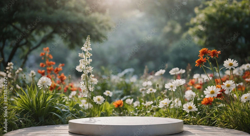 Fototapeta premium garden scene with a white circular platform, surrounded by flowers in lush green grass. blurred background creates a dreamy, tranquil atmosphere. Ideal for nature, beauty, or wellness products.