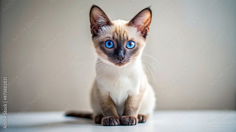 Adorable Siamese cat with bright blue eyes and striking pointy ears sitting alone on a minimalist white background. Adorable Siamese cat with bright blue eyes and striking pointy ears sitting alone on a minimalist white background.