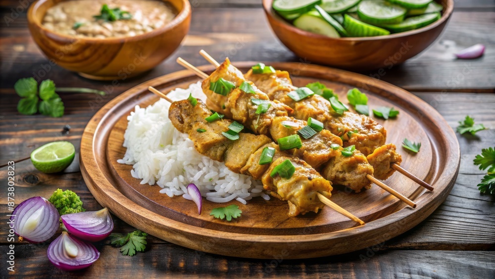 Juicy grilled chicken skewers served with creamy peanut sauce, steamed rice, sliced onions, and refreshing cucumbers on rustic wood plate. Juicy grilled chicken skewers served with creamy peanut sauce, steamed rice, sliced onions, and refreshing cucumbers on rustic wood plate.