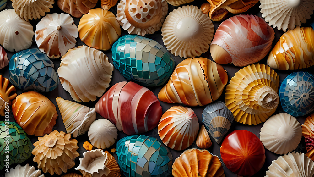 Illustrate a vibrant mosaic pattern composed entirely of different types of shells Illustrate a vibrant mosaic pattern composed entirely of different types of shells
