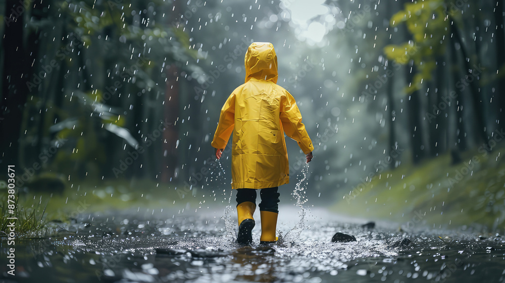 Boy in yellow raincoat, Child having fun on rainy Boy in yellow raincoat, Child having fun on rainy