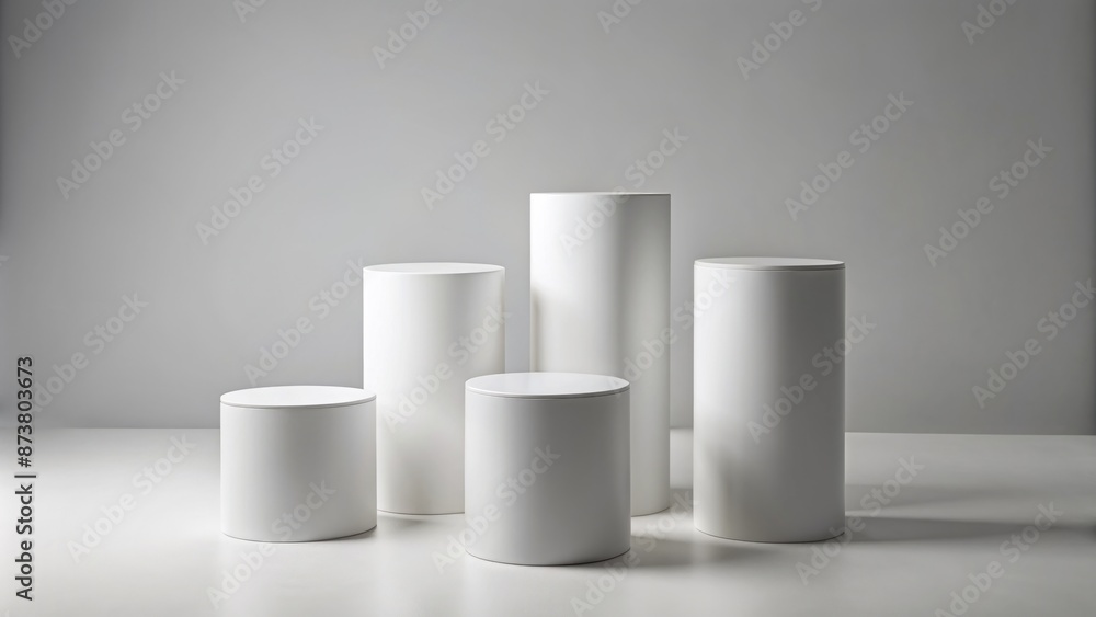 Simple, sleek, and sophisticated five white toned round podiums on empty background, ideal for elegant product presentation and display. Simple, sleek, and sophisticated five white toned round podiums on empty background, ideal for elegant product presentation and display.