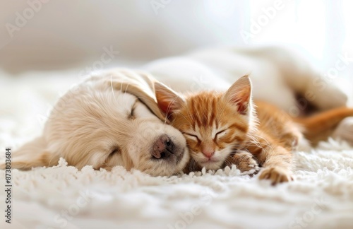 Cat and Dog Sleeping Peacefully Together - Puppy and Kitten Resting