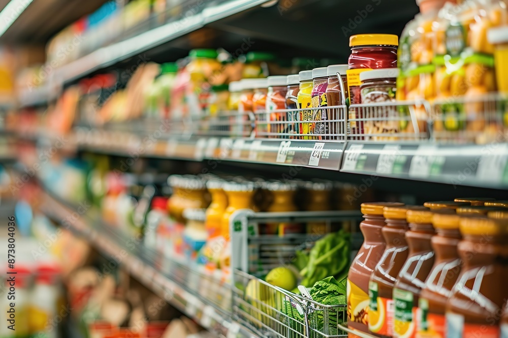 Fototapeta premium Grocery cart with selective focus on healthy foods