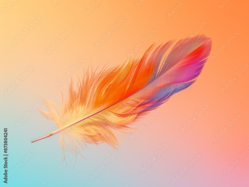 Colored bird feather floating in air on gradient background copy space Colored bird feather floating in air on gradient background copy space