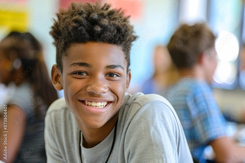 A smiling teenage boy sitting in a classroom A smiling teenage boy sitting in a classroom