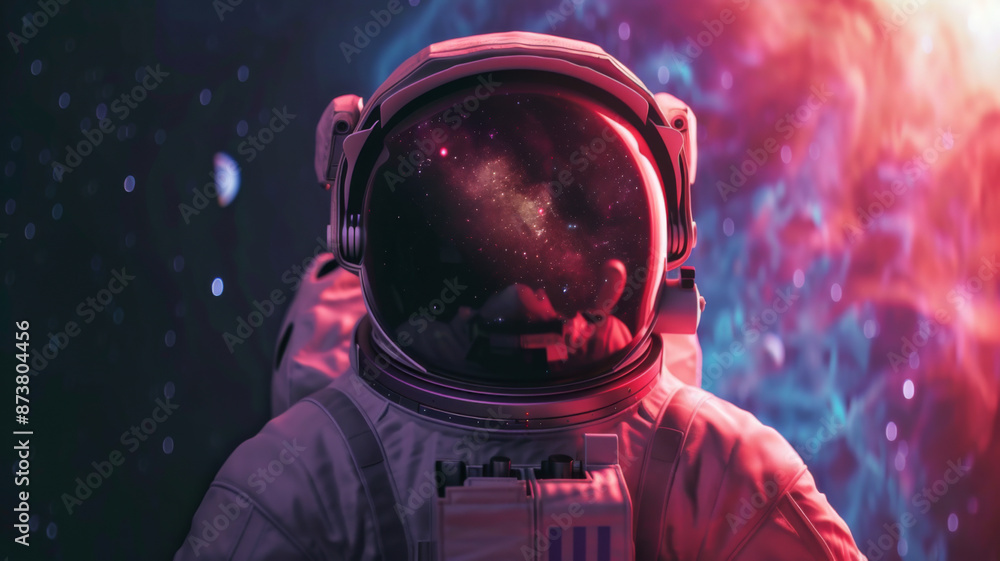 Front view astronaut potrait. Astronaut in space suit with galaxy and nebula reflection in helmet glass Front view astronaut potrait. Astronaut in space suit with galaxy and nebula reflection in helmet glass