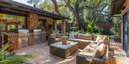 Patio With Wicker Furniture and Grill, Outdoor Kitchen Area, Brick Wall, Lush...