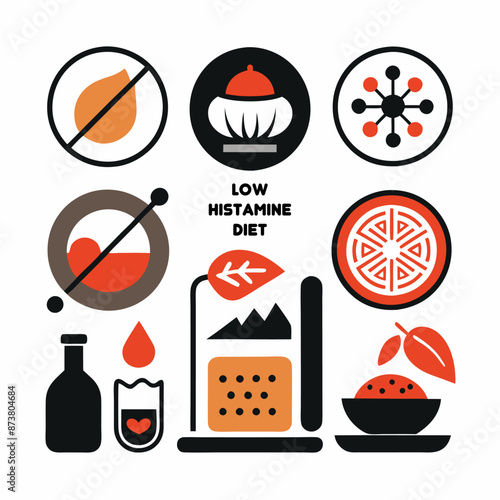 A collection of icons designed for a low histamine diet plan. A variety of icons symbolizing elements connected to a low histamine diet, like Tire, Wheel, Orange, and more with an automotive touch