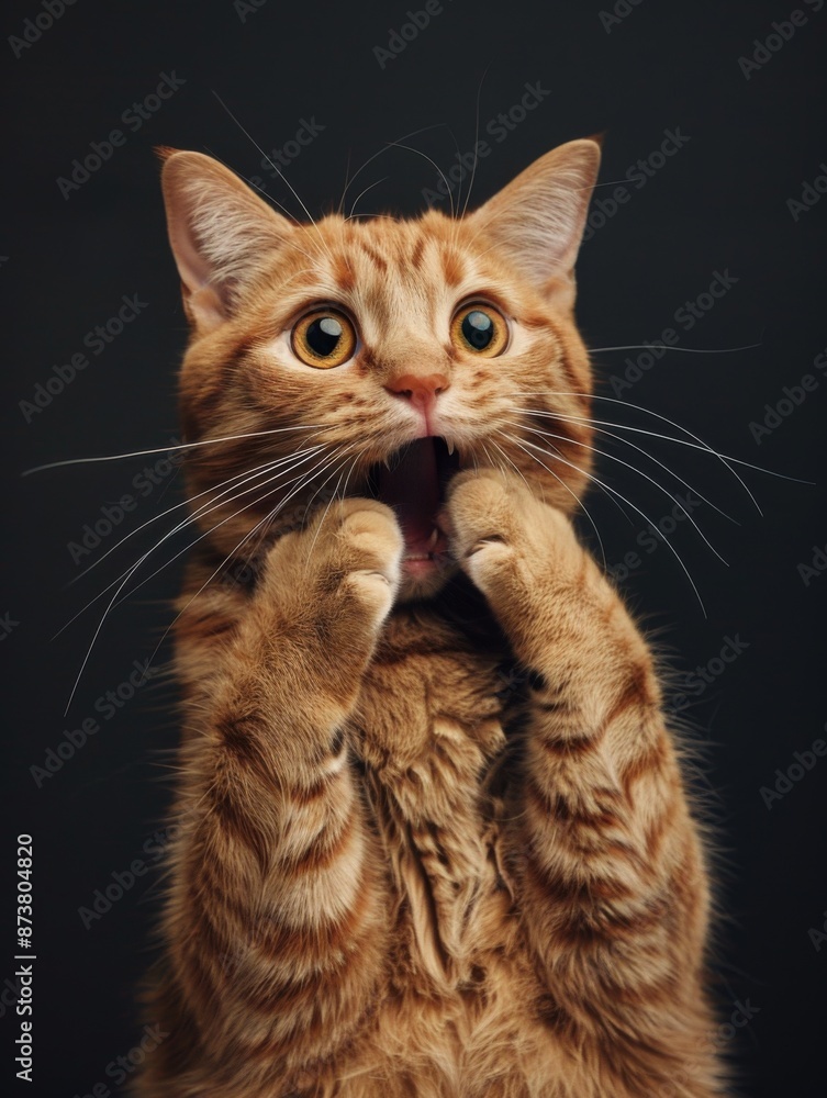 A very surprised and shocked cat with its mouth open and paws touching its head. Funny inspired animal A very surprised and shocked cat with its mouth open and paws touching its head. Funny inspired animal