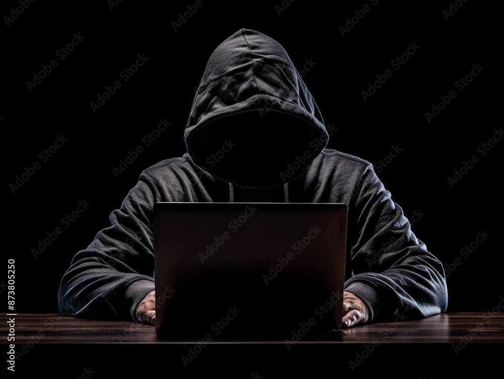 darkened hacker person hidden behind a dark hood and sitting at a laptop darkened hacker person hidden behind a dark hood and sitting at a laptop