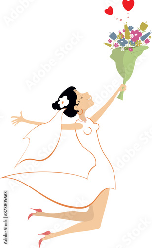 Happy bride holding a bunch of flowers. 
Pretty bride in the white dress and wedding veil jumping with a bouquet of flowers. Isolated on white background
