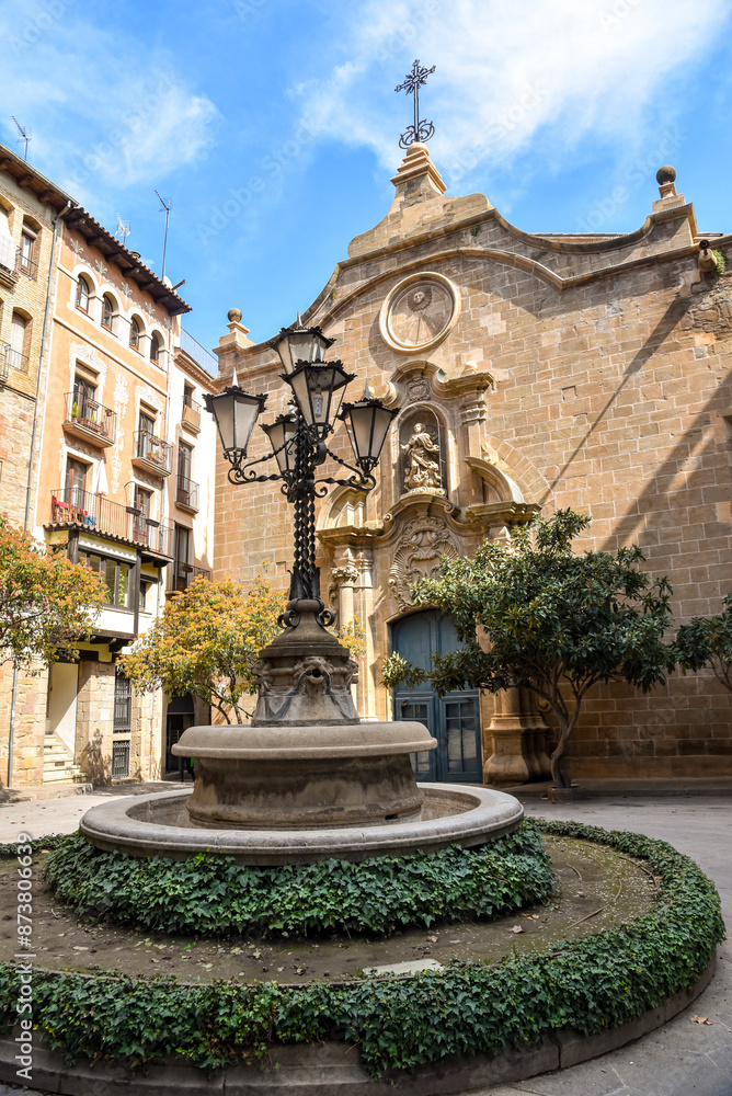 Plaza de obispo in Solsona, Catalunya Spain, with the fountain and the lamp in the middle of the square