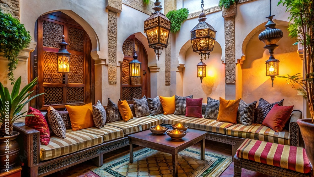 A cozy sitting area in a Moroccan Riad, with comfortable cushions and decorative lanterns, evoking a sense of relaxation and luxury. Generative AI
