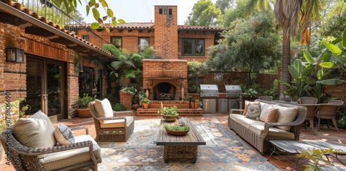 Brick Outdoor Kitchen and Patio Seating Area With Wicker Furniture