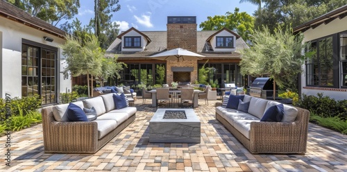 Outdoor Patio Furniture Set With Brick Patio and Green Foliage