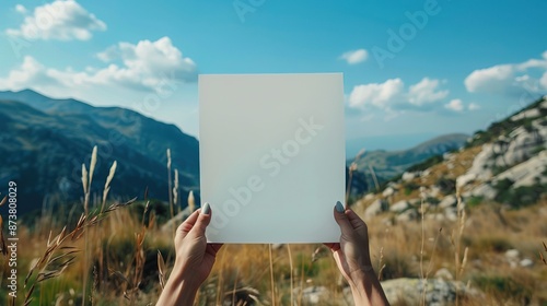 Woman hand hold white template with mountain background