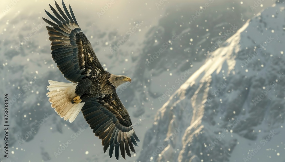 Obraz premium Bald eagle soaring high above a mountain range, animal, majestic and patriotic