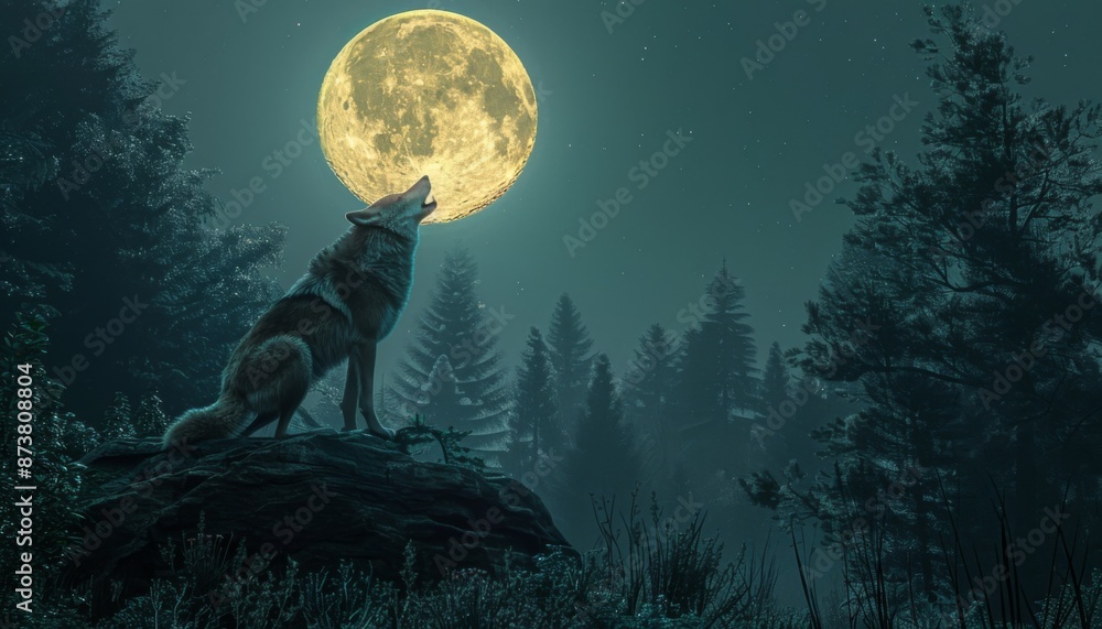 Wolf howling at the full moon in a dense forest wild Wolf howling at the full moon in a dense forest wild