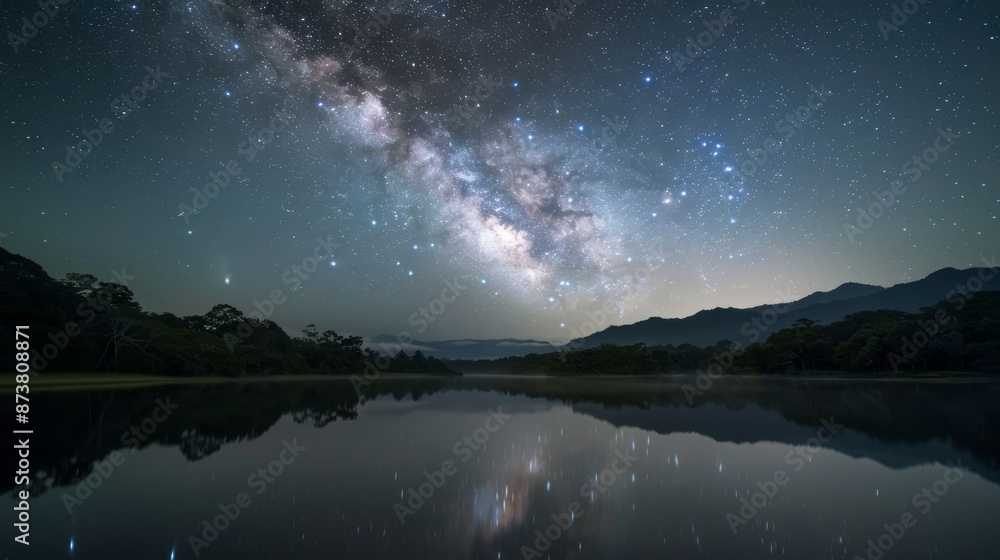 A tranquil nature reserve with bioluminescent plants and a crystalclear river reflecting the Milky Way where a group of ecotourists observe rare nocturnal animals through nightvision binoculars A tranquil nature reserve with bioluminescent plants and a crystalclear river reflecting the Milky Way where a group of ecotourists observe rare nocturnal animals through nightvision binoculars