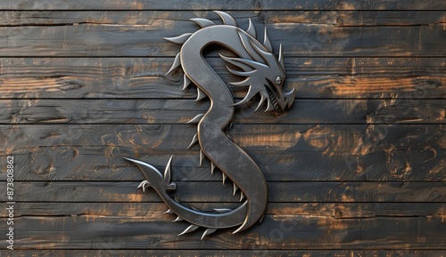 Metallic Dragon Sculpture on Dark Wooden Plank Background
