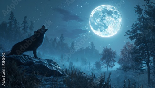 Wolf howling at the full moon in a dense forest wild