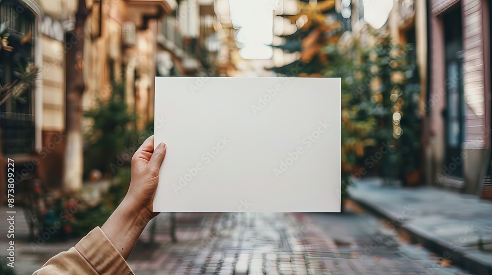 person hands holding showing blank white empty paper board banner card billboard note board sign on street person hands holding showing blank white empty paper board banner card billboard note board sign on street