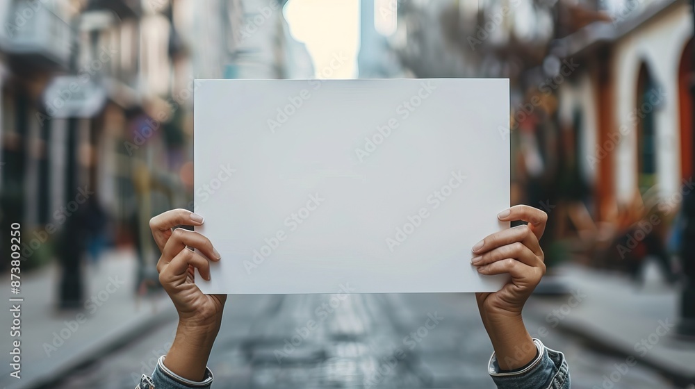 person hands holding showing blank white empty paper board banner card billboard note board sign on street person hands holding showing blank white empty paper board banner card billboard note board sign on street