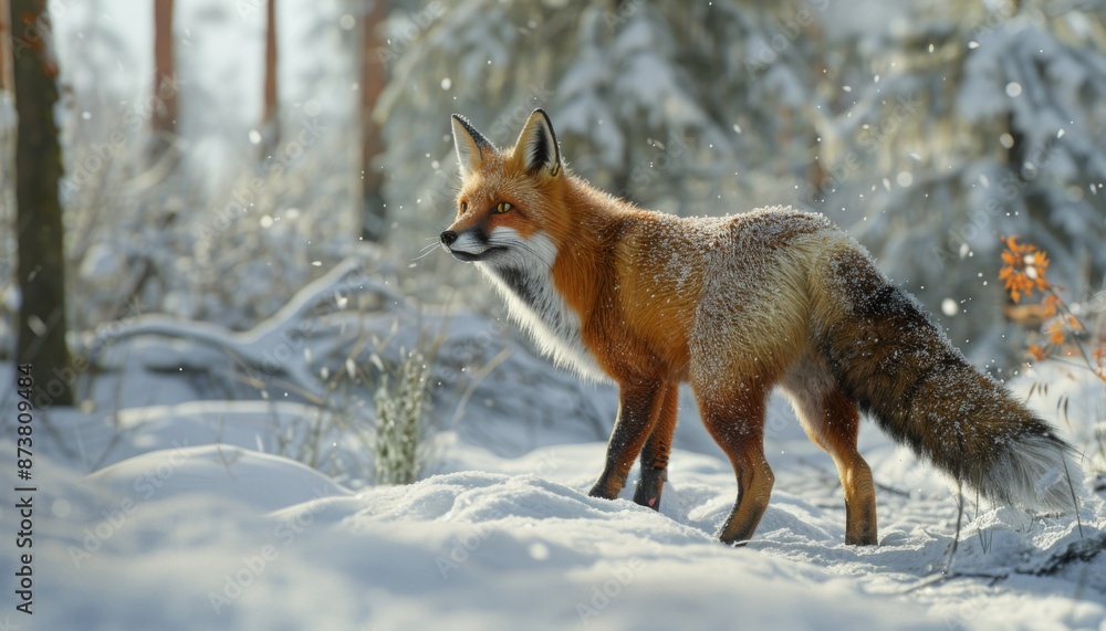 Fototapeta premium Red fox prowling through a snowy forest, animal, sleek and cunning