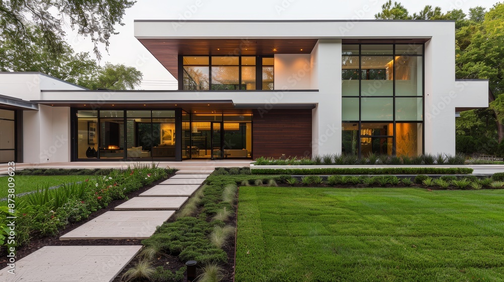 Modern residence with sleek architecture, large windows, and a beautifully landscaped yard, blending contemporary design with a welcoming feel Modern residence with sleek architecture, large windows, and a beautifully landscaped yard, blending contemporary design with a welcoming feel