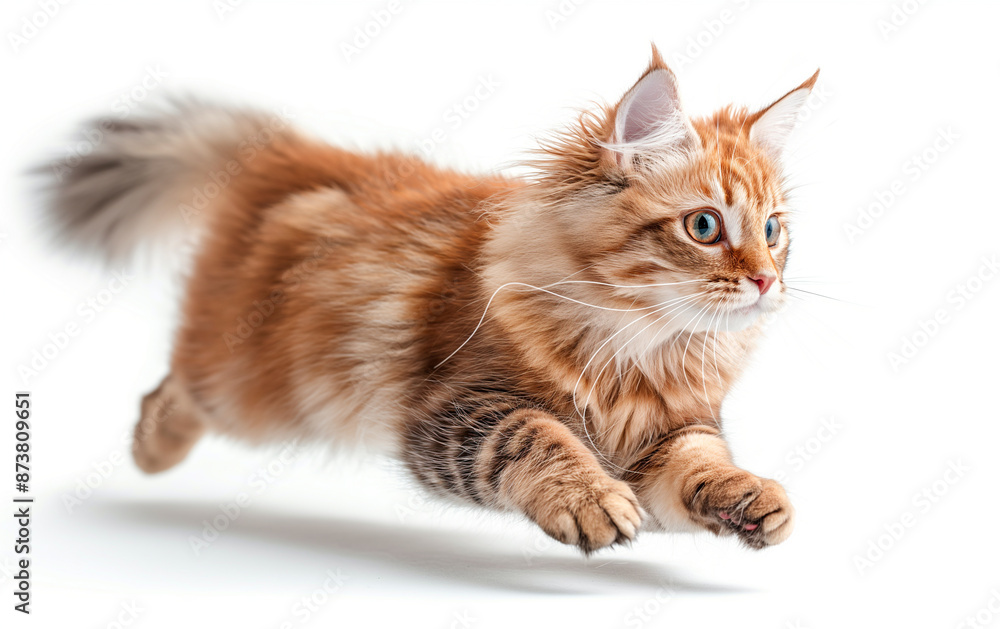 Red Maine Coon cat jumps to the side on a light background Red Maine Coon cat jumps to the side on a light background