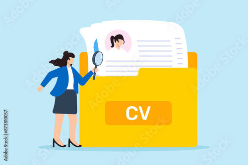 Businesswoman sorting CV in yellow folder through magnifying glass detailed candidate screening and recruitment process