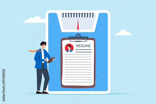 HR manager weighing resumes on scale evaluating job candidates fair recruitment weighing qualifications and experience