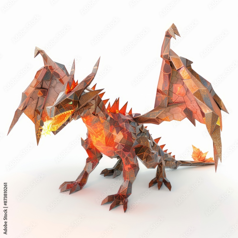 3D Render, Low Poly style of a fearsome dragon with scaled wings and fiery breath, on isolated white background, Generative AI 3D Render, Low Poly style of a fearsome dragon with scaled wings and fiery breath, on isolated white background, Generative AI